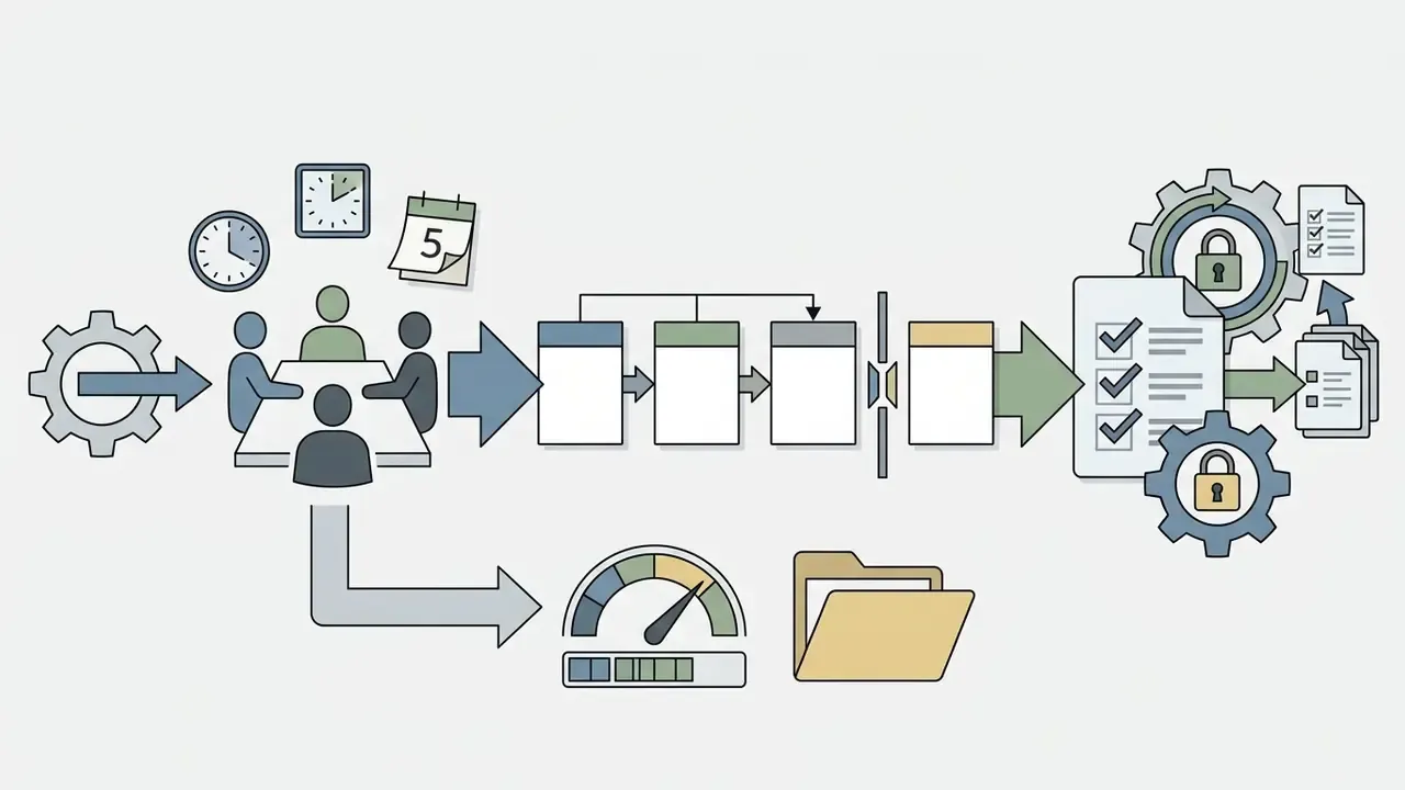 Meeting group with time icons feeding into a checklist and locked gear system for outputting documents