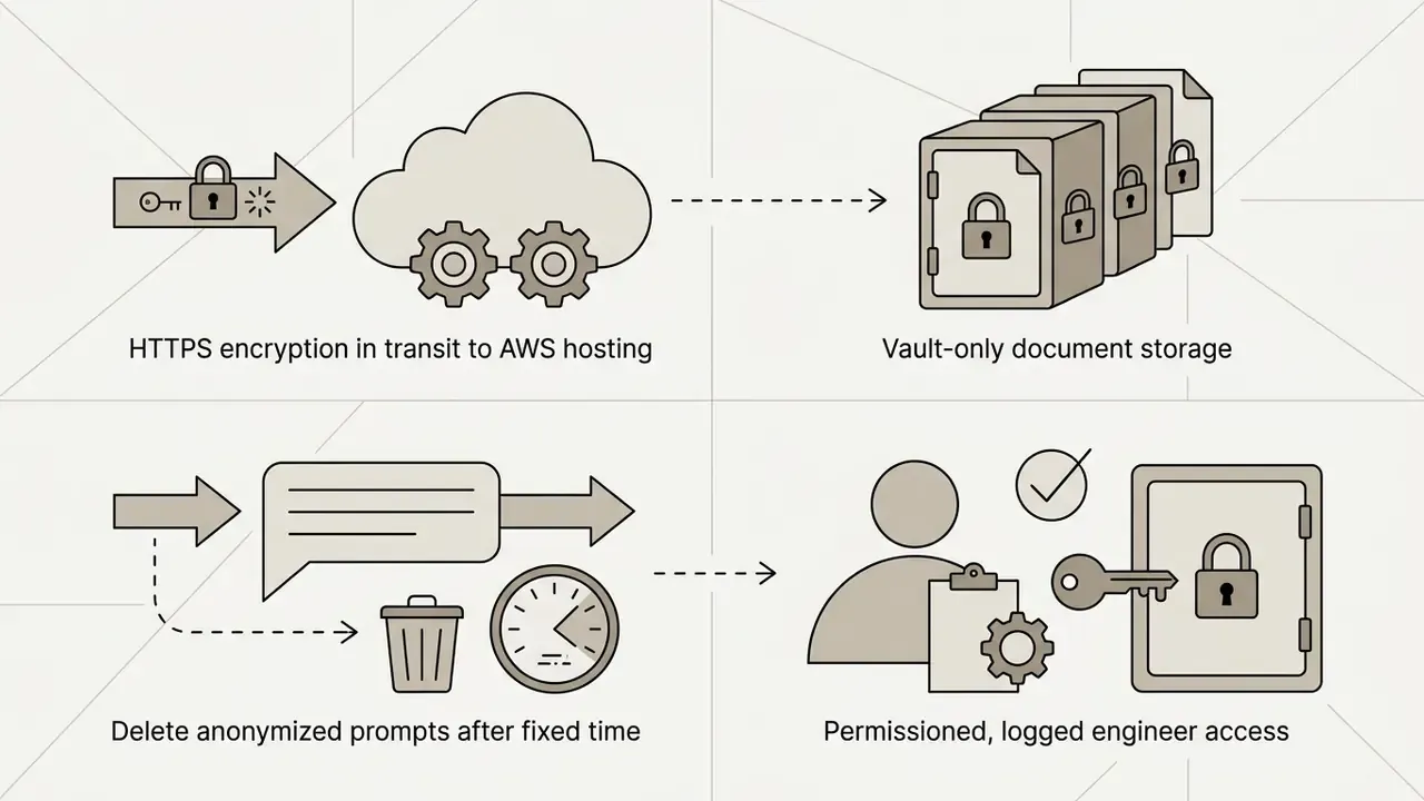 Icons showing encryption, secure vault storage, prompt deletion, and logged engineer access controls