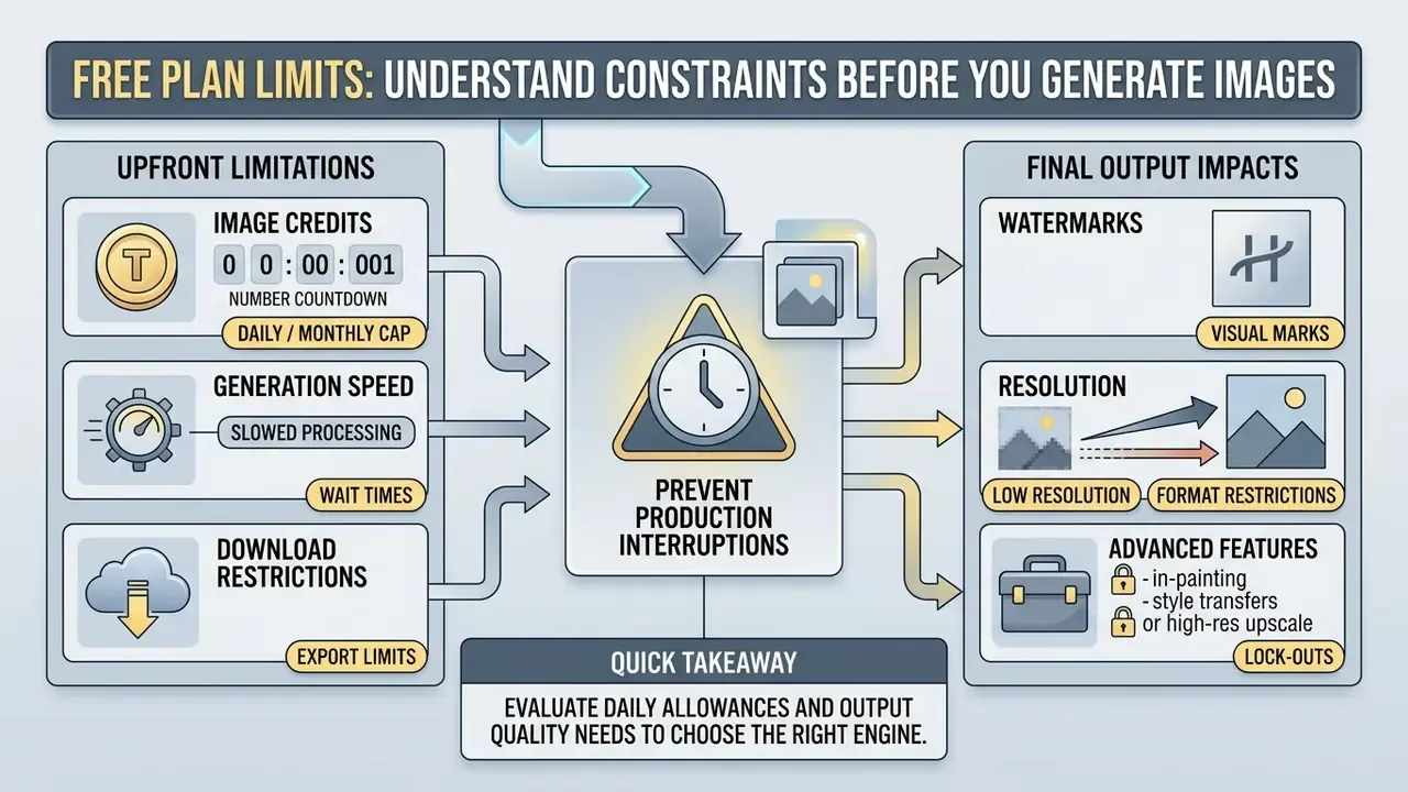 Infographic showing how upfront usage limits and final output constraints affect AI image production