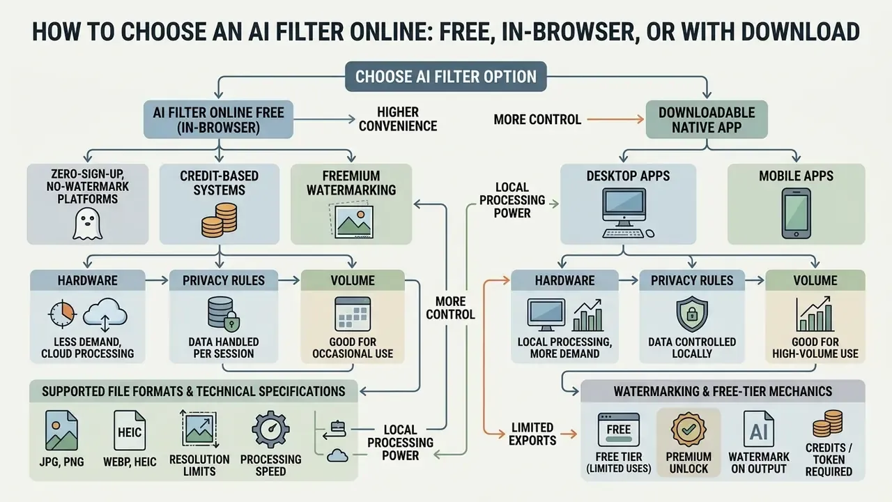 Decision tree comparing web-based tools and downloadable software based on hardware and privacy needs
