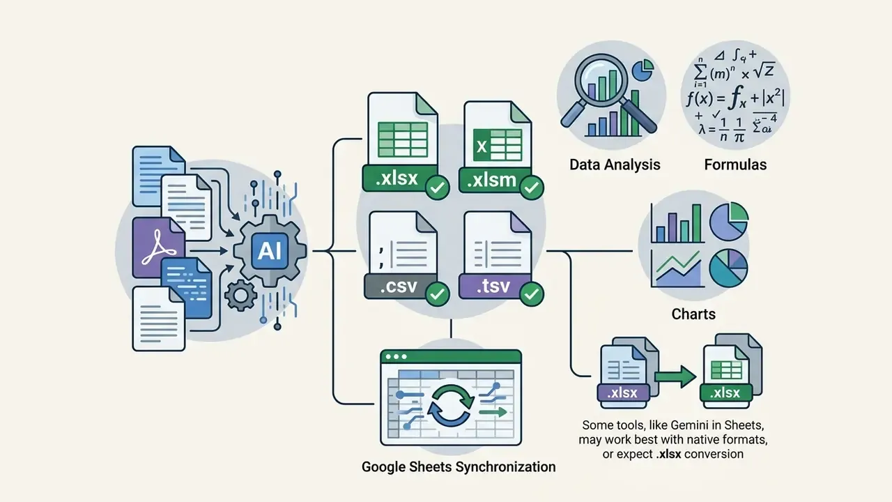 Various file formats flowing through an AI processor into synchronized sheets and analytical outputs