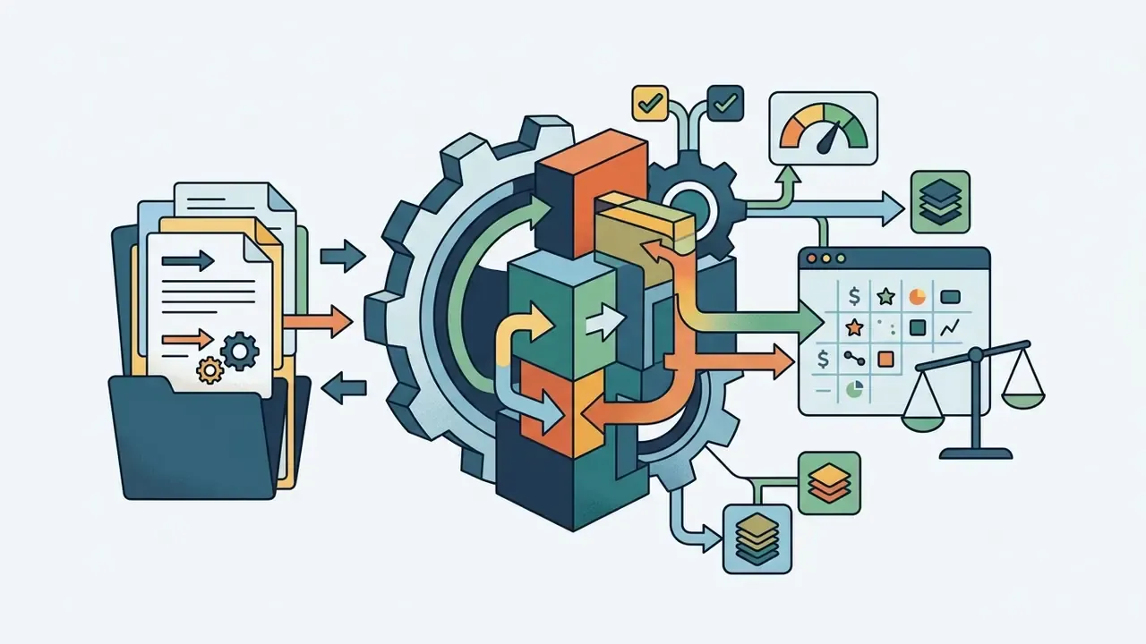 Diagram showing documents feeding into a gear mechanism that processes data into pricing models
