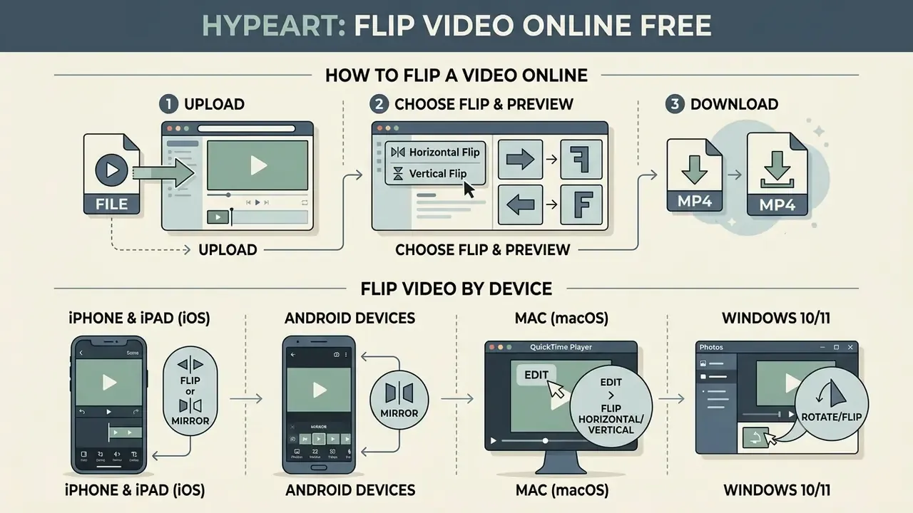 Step-by-step guide showing how to upload, mirror, and download video files across mobile and desktop devices