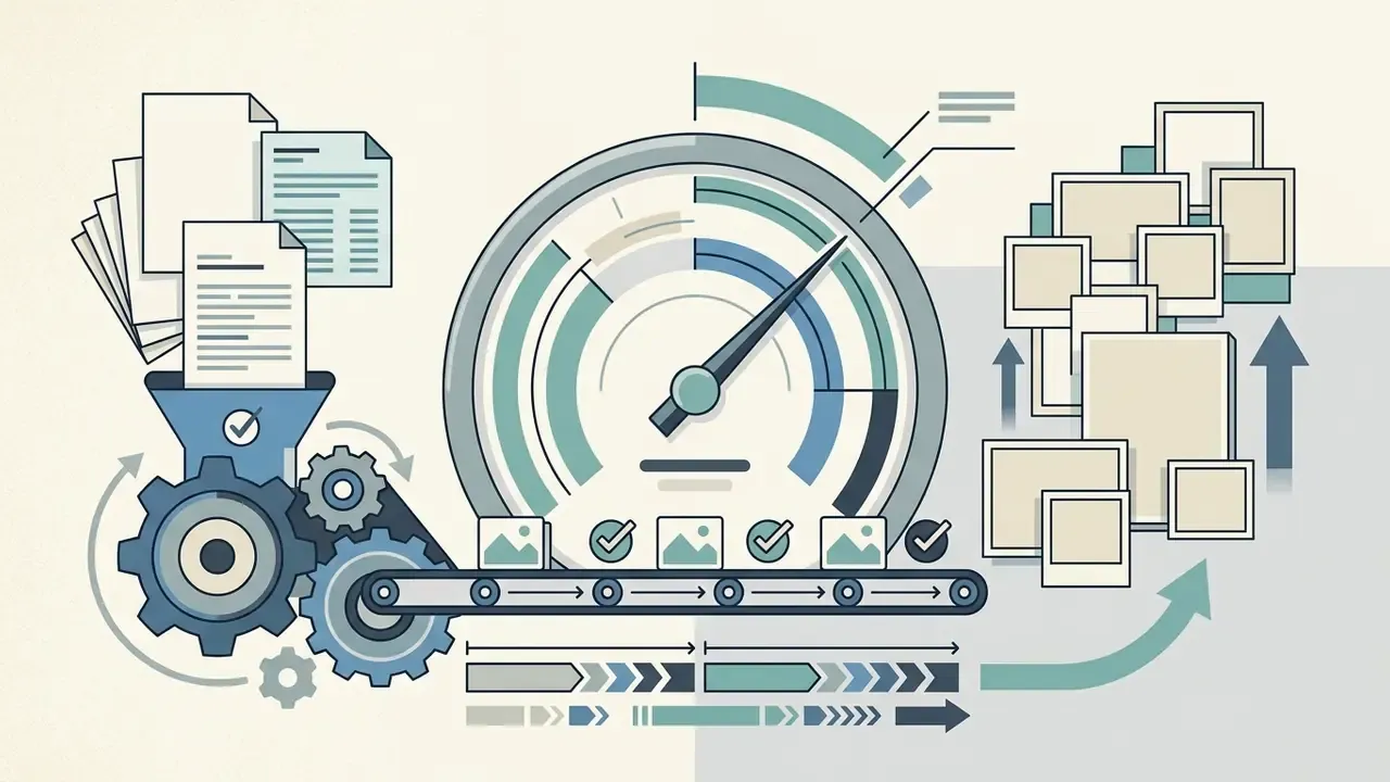 Documents feeding into a gear-driven processor with a gauge measuring output and a conveyor belt of images