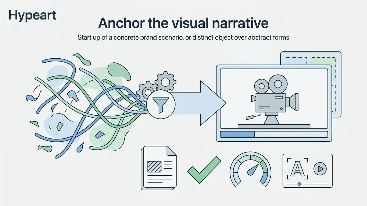 Abstract lines and shapes being filtered into a clear camera icon representing a concrete visual narrative
