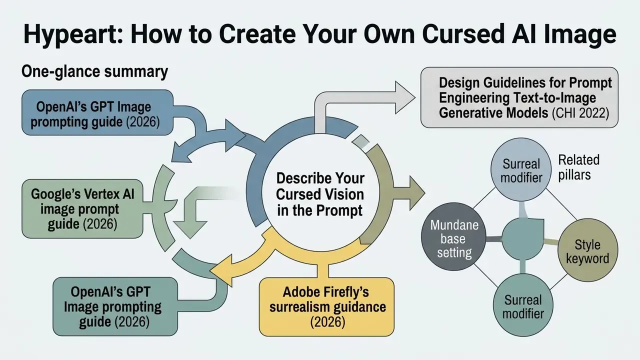 Flowchart showing prompt engineering guides and key components for generating surreal visual content