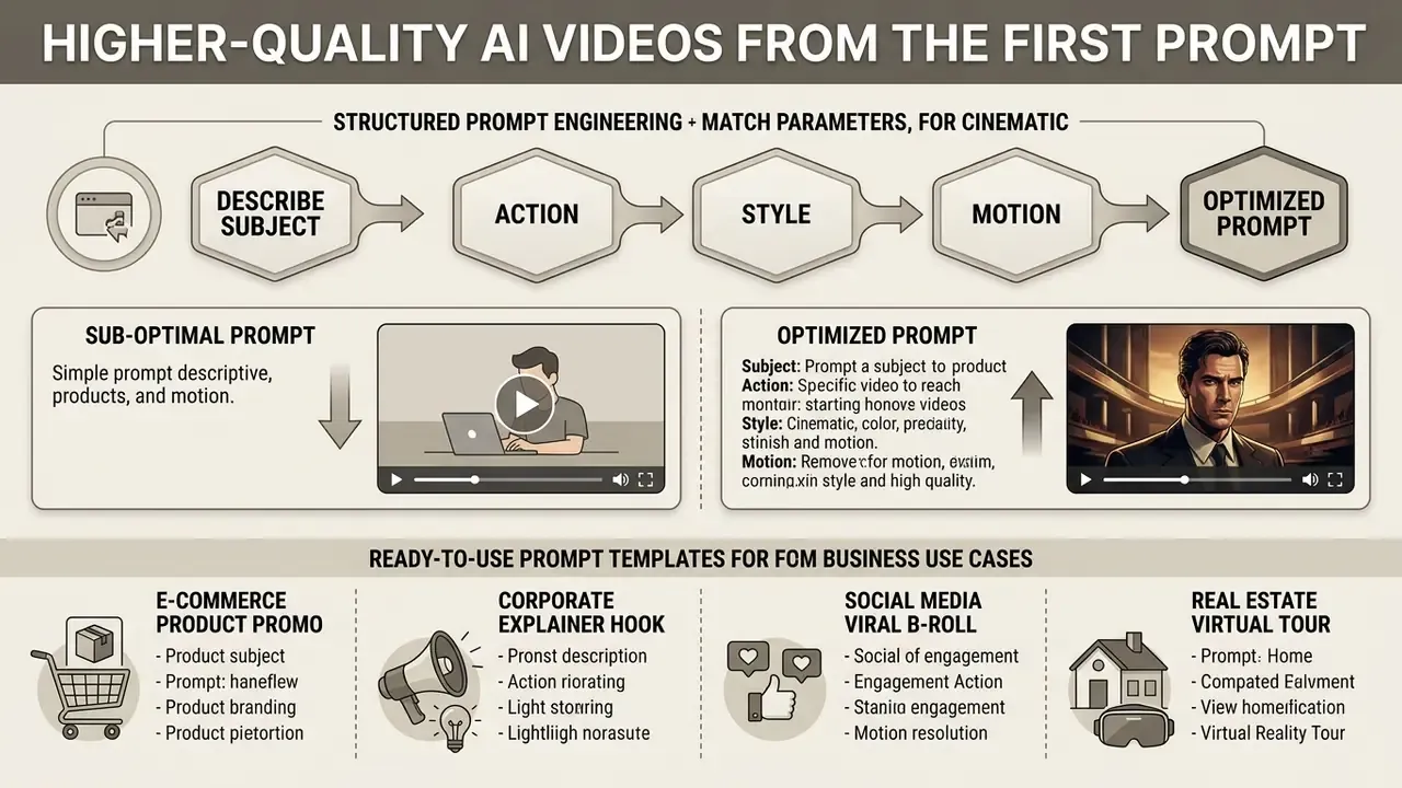 Infographic comparing sub-optimal and optimized prompt structures for text to video AI generation