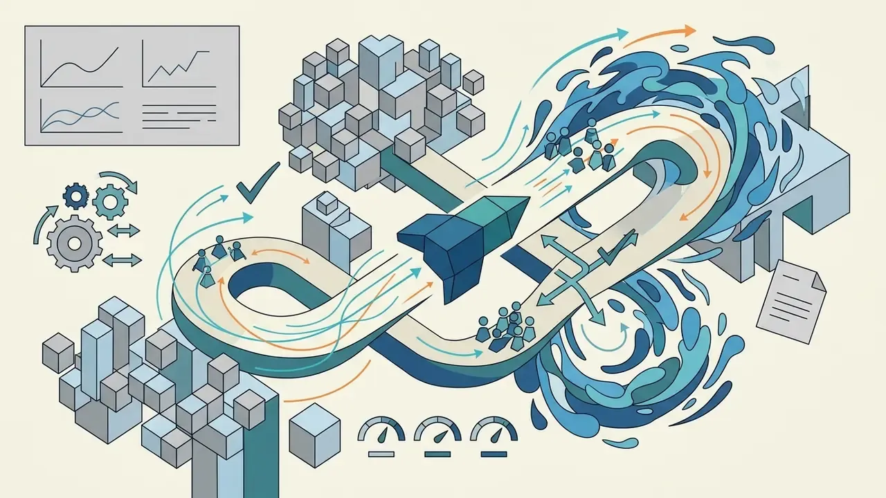 A rocket traveling through an infinity loop surrounded by fluid motion, crowd dynamics, and data blocks