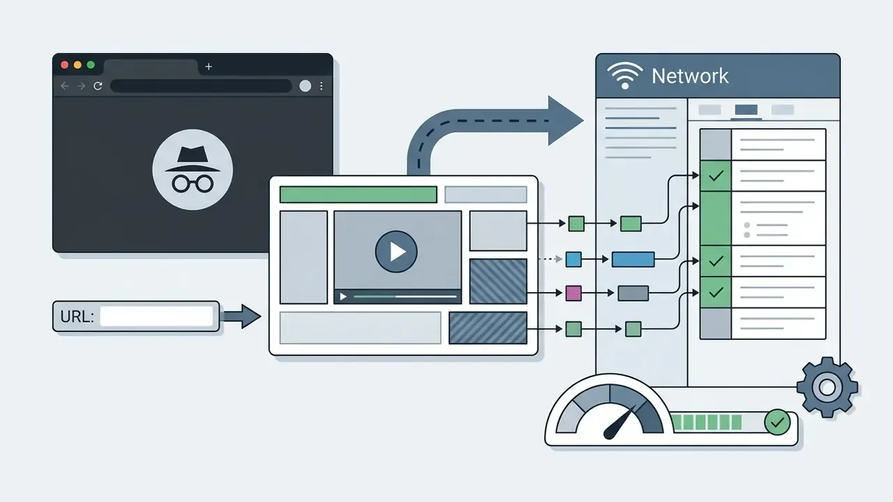 Private browser window loading a URL into a network monitor to track third-party connection requests