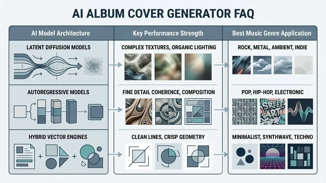 Table comparing AI model architectures, their performance strengths, and suitable music genre applications