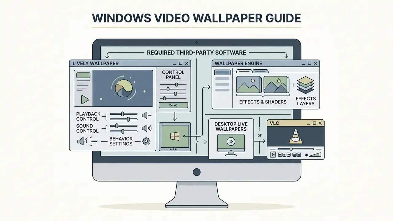 Infographic showing third-party software like Lively Wallpaper and Wallpaper Engine for Windows backgrounds