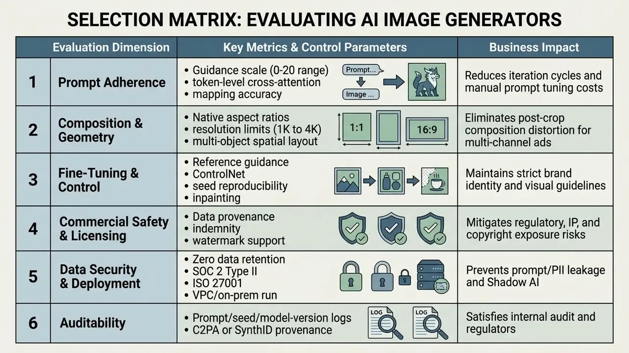 Table comparing six evaluation dimensions, key metrics, and business impacts for generative software