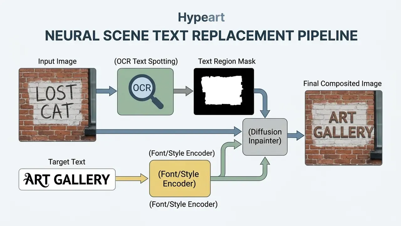Flowchart showing how OCR and style encoding combine to replace text within a photo text editor