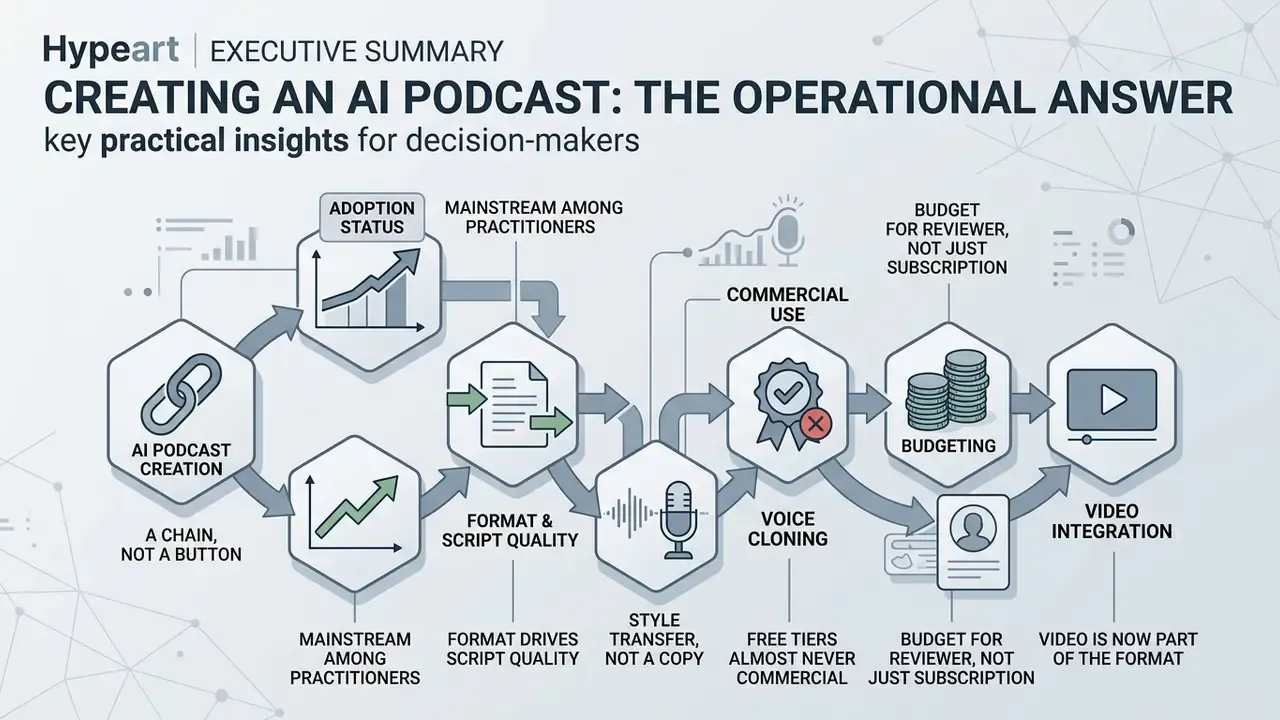 Flowchart showing the sequential steps and key considerations for creating a podcast with AI