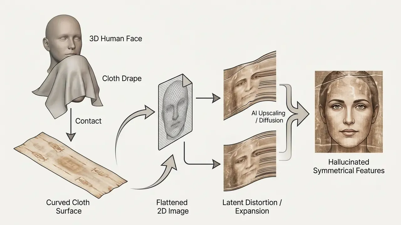 Process flow showing a 3D face draped in cloth being flattened and transformed by AI into a portrait