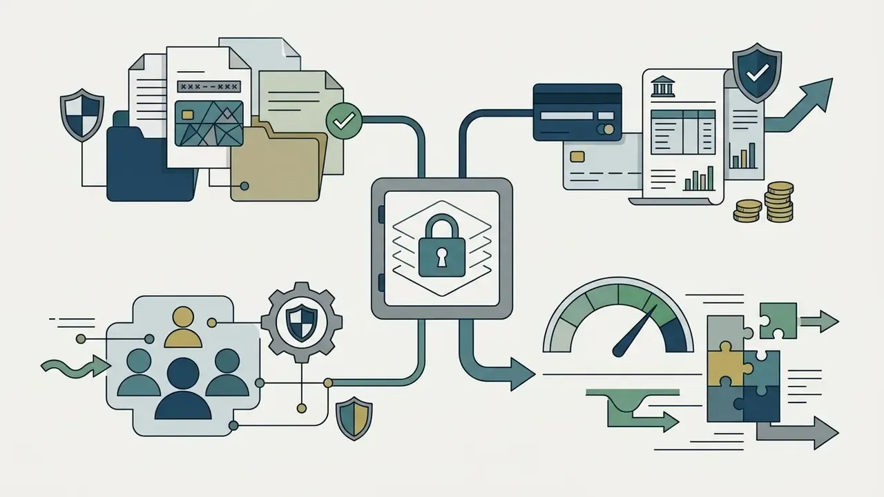 Icons of documents, financial cards, and people connecting to a central vault for data protection