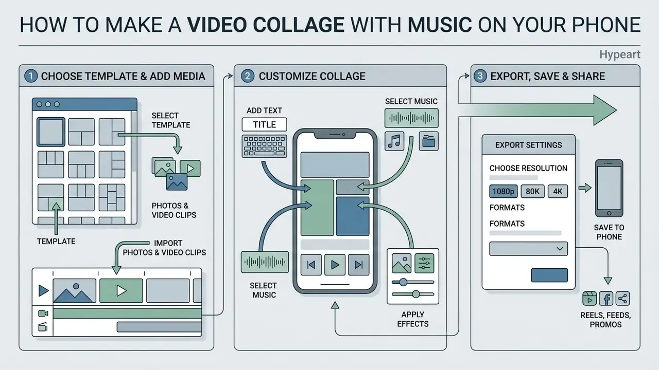 Three-step process showing how to select templates, edit media with music and text, and export final files