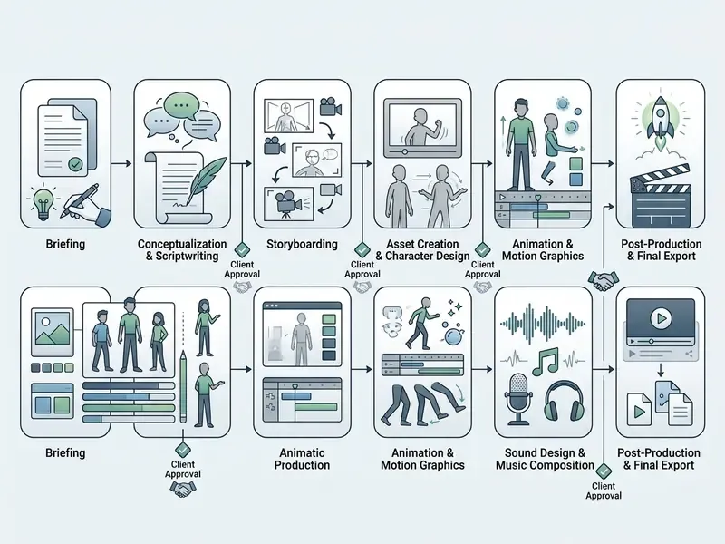 Linear progression of eight creative development stages with icons for planning, design, and final delivery
