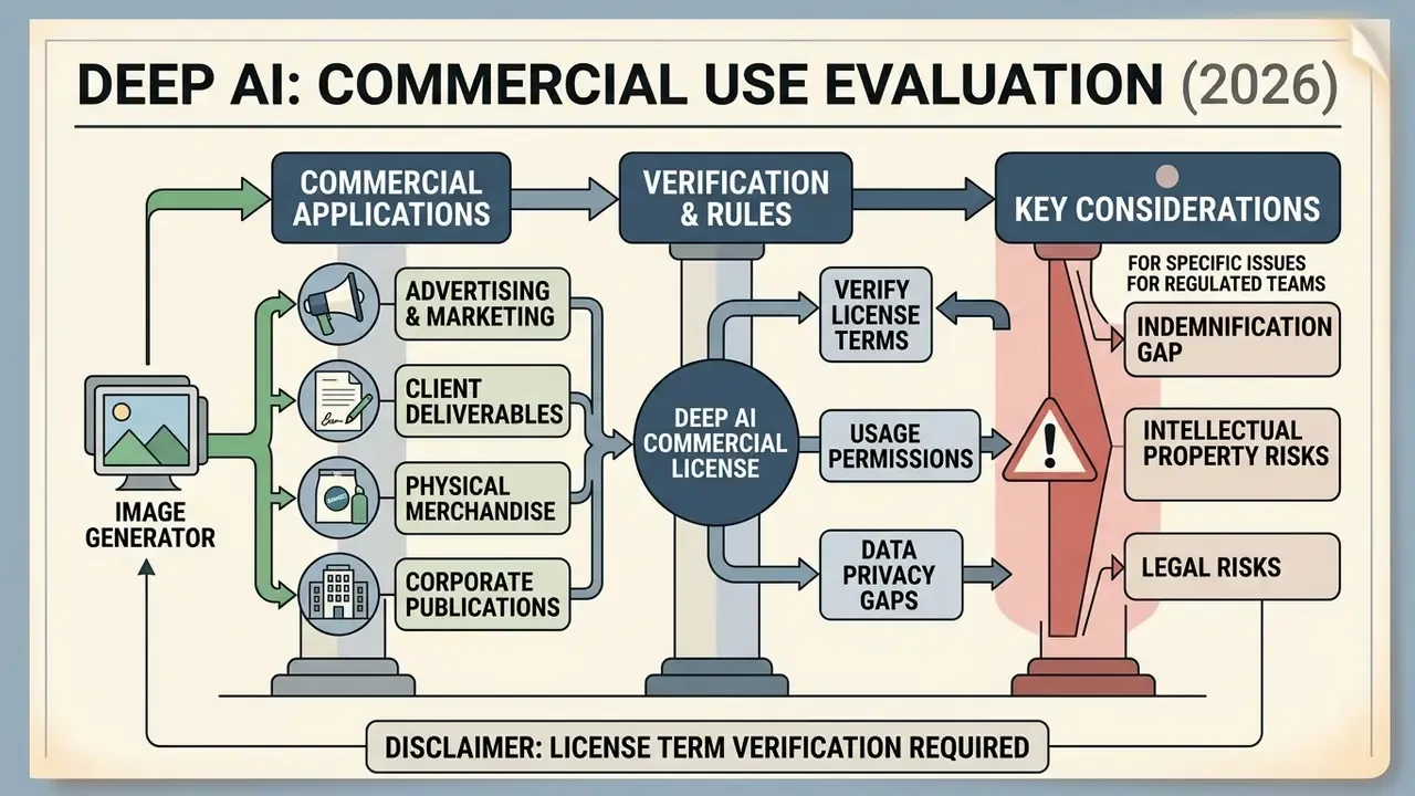 Infographic mapping the commercial application process, licensing rules, and legal risks for synthetic media