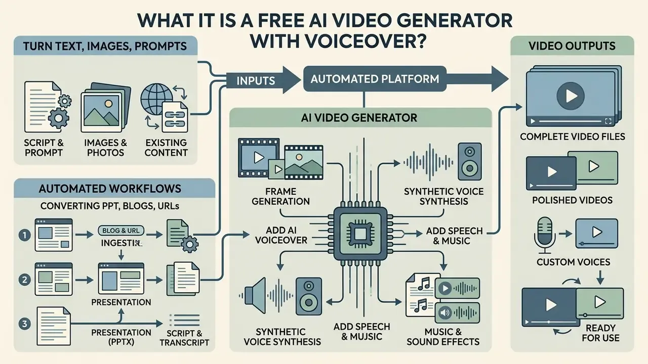 Infographic showing how an automated platform converts text and media inputs into finished AI video files