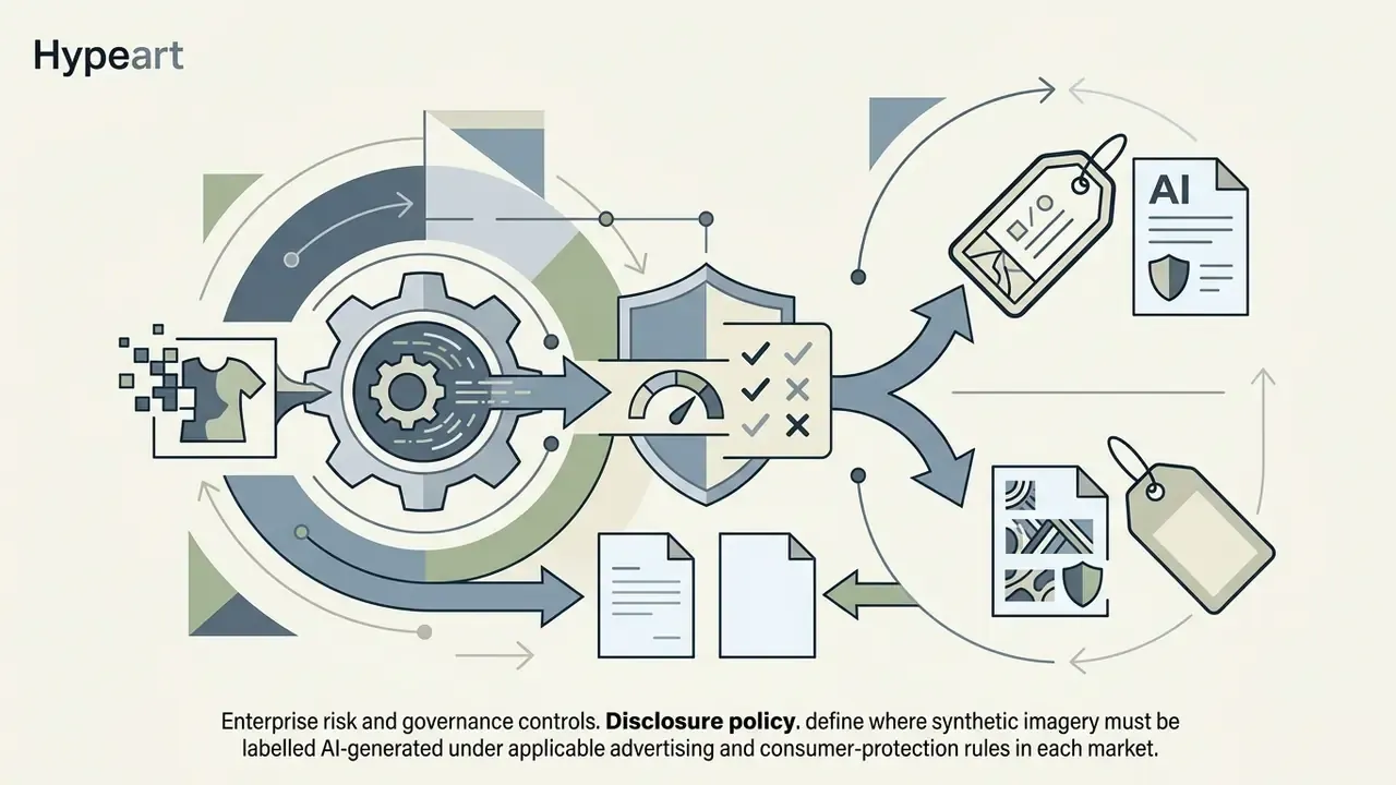 Garment imagery passing through a gear system and compliance shield to receive AI disclosure labels