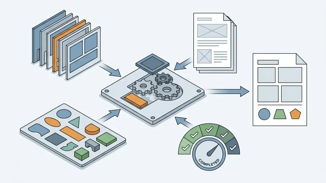 Graphic assets and documents feeding into a central gear mechanism to assemble a template layout