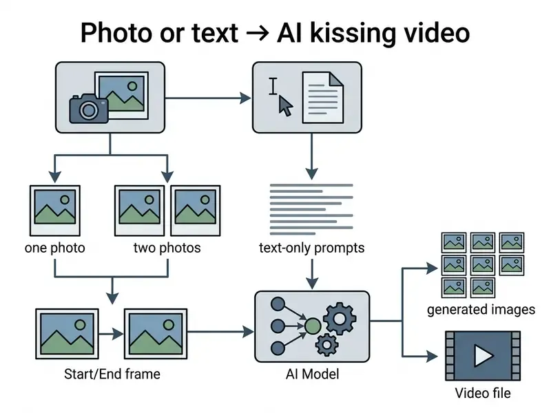 Flowchart showing how input photos or text prompts are processed by an AI model into images or video files