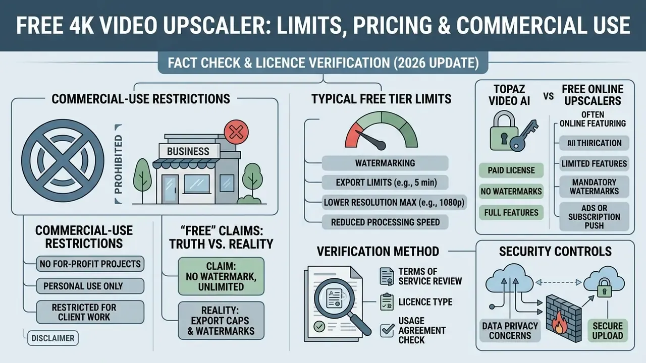 Summary infographic comparing Topaz Video AI features with the typical limitations of free online upscalers