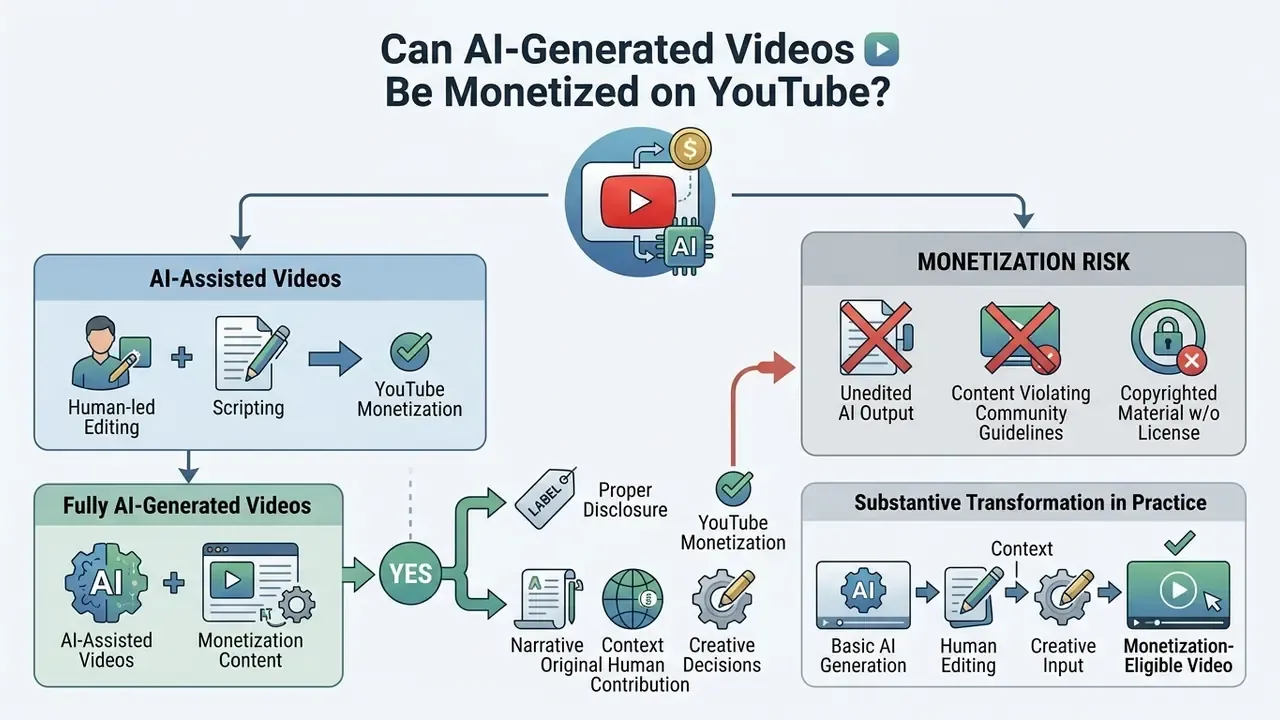 Flowchart showing how human editing and substantive transformation enable YouTube monetization for AI videos