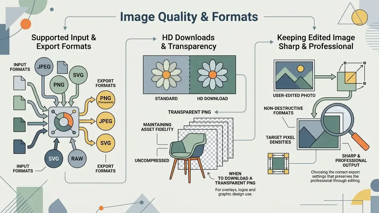 Infographic detailing file formats, transparent PNG downloads, and methods for maintaining image sharpness