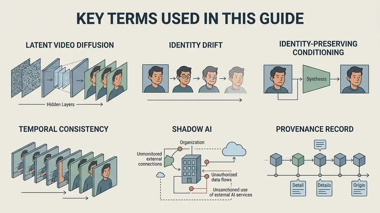 Diagram illustrating technical concepts like latent video diffusion, identity drift, and shadow AI