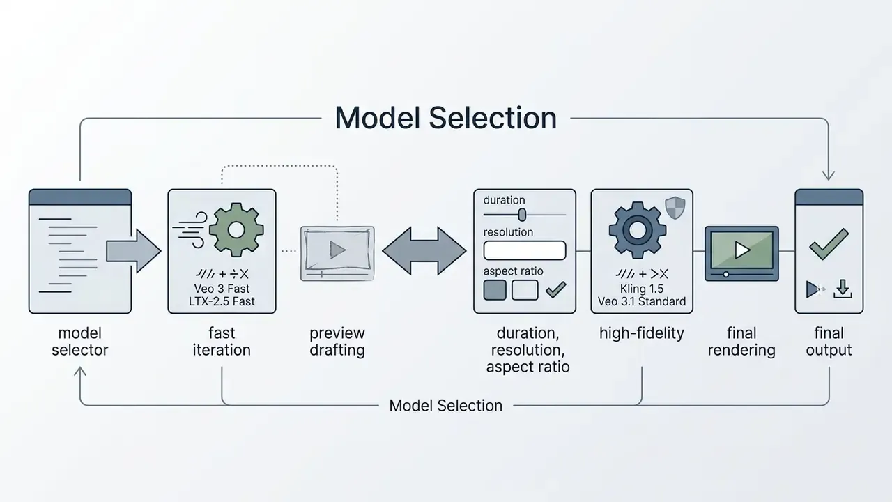Sequential process showing model selection for fast drafting and high-fidelity video rendering