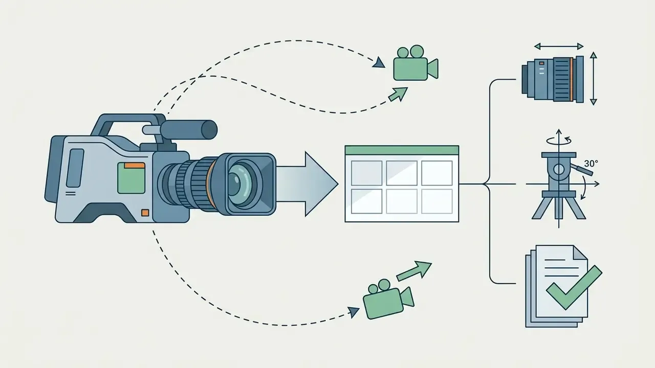 Video camera icon connecting to a grid and icons for lens zoom, tripod rotation, and document verification