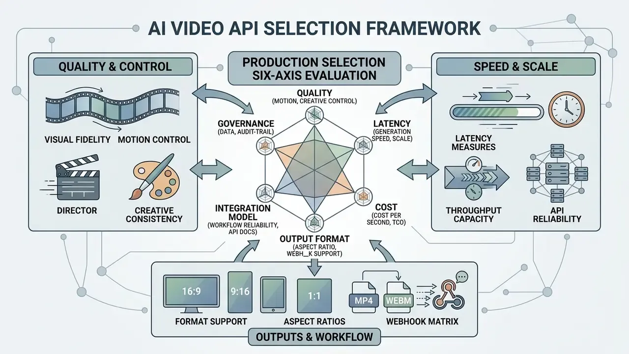 Six-axis radar chart evaluating quality, speed, cost, and workflow for AI video API selection