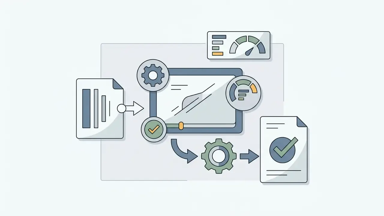 Digital process showing document input, media frame adjustment, and final file verification with status gauges