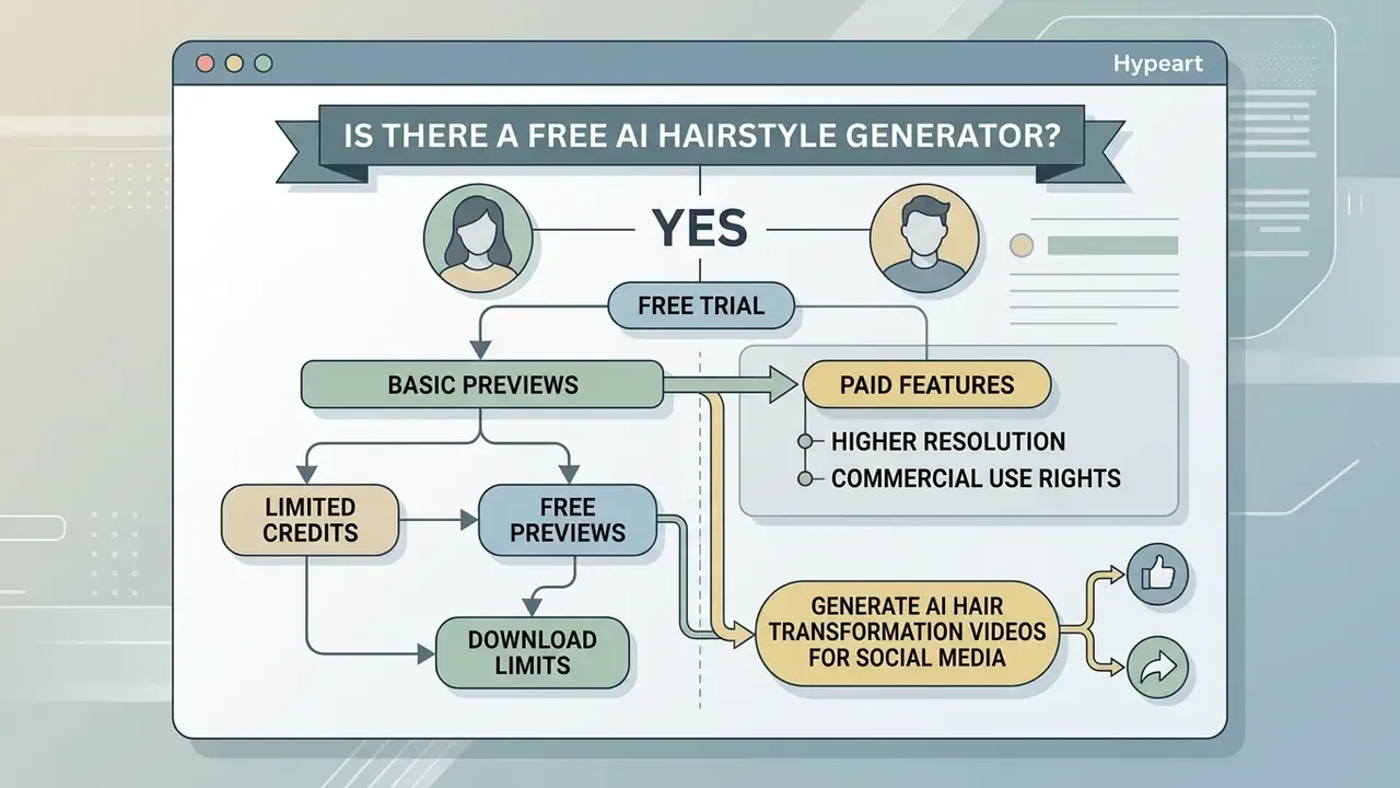 Flowchart showing how free trials, credit systems, and paid upgrades function for digital hair previews