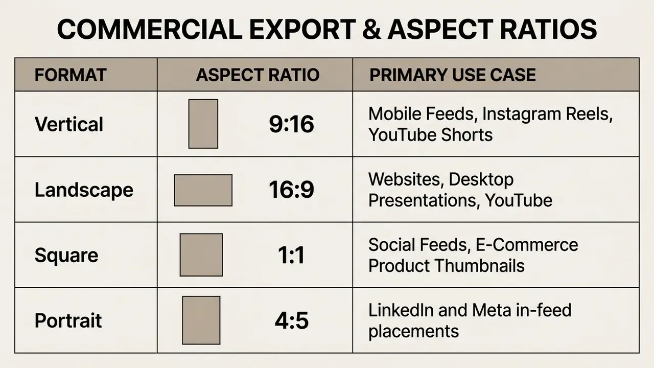 Table listing common aspect ratios, their visual shapes, and recommended use cases for digital content