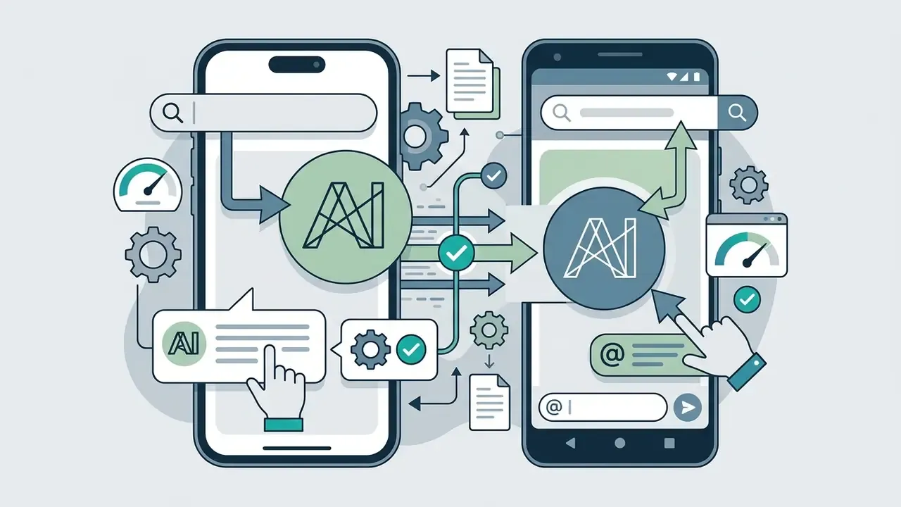 Two smartphones connected by arrows showing AI interface elements and user interaction icons