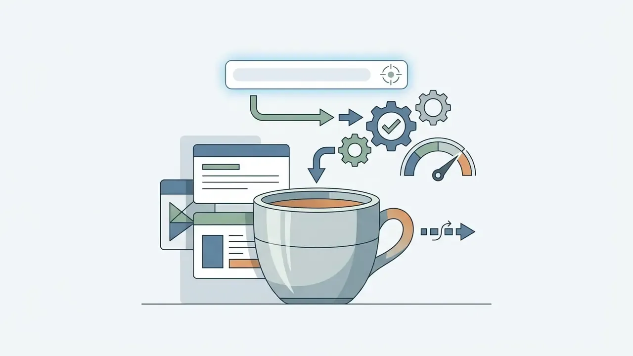 A ceramic coffee cup positioned before document icons and a gear system with a performance gauge