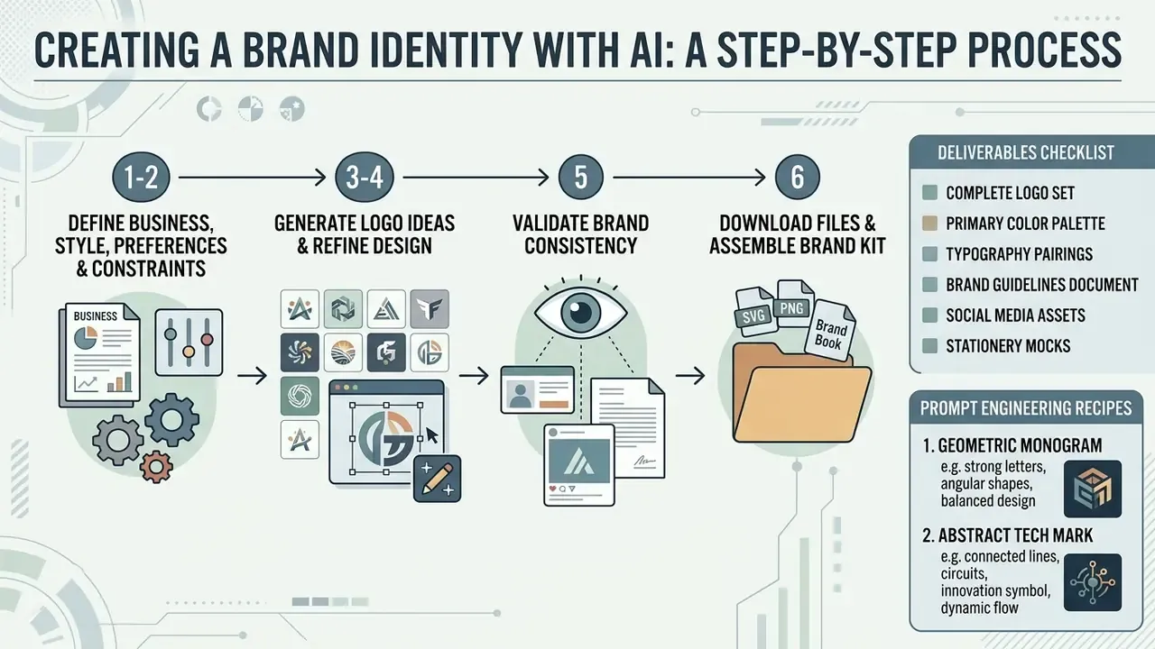 Linear infographic showing six stages of developing a visual identity from initial input to final files