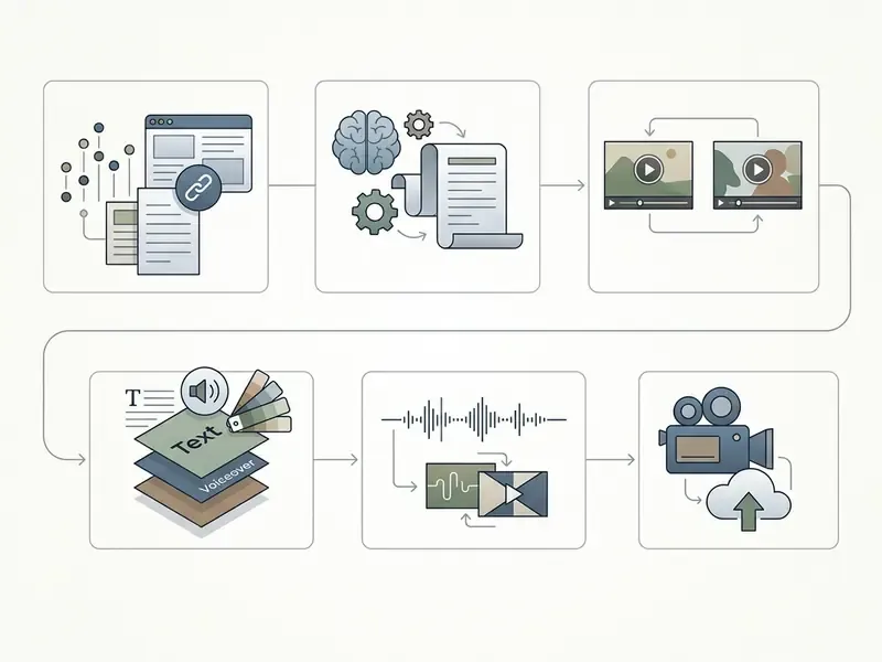 Six-step visual sequence showing the workflow from inputting product data to exporting a final video ad