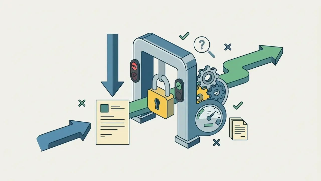 Document passing through a gated mechanism with a padlock and gauge to emerge as an approved output