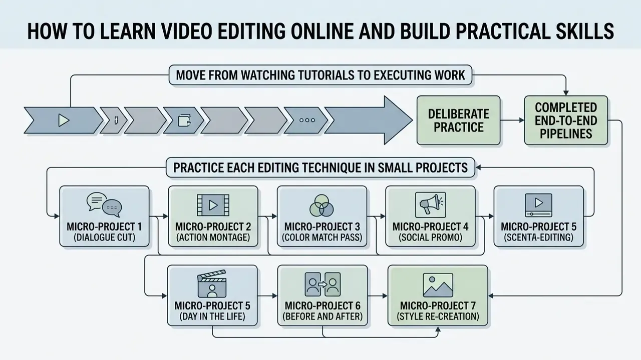 Flowchart showing a transition from watching tutorials to completing small video editing micro-projects
