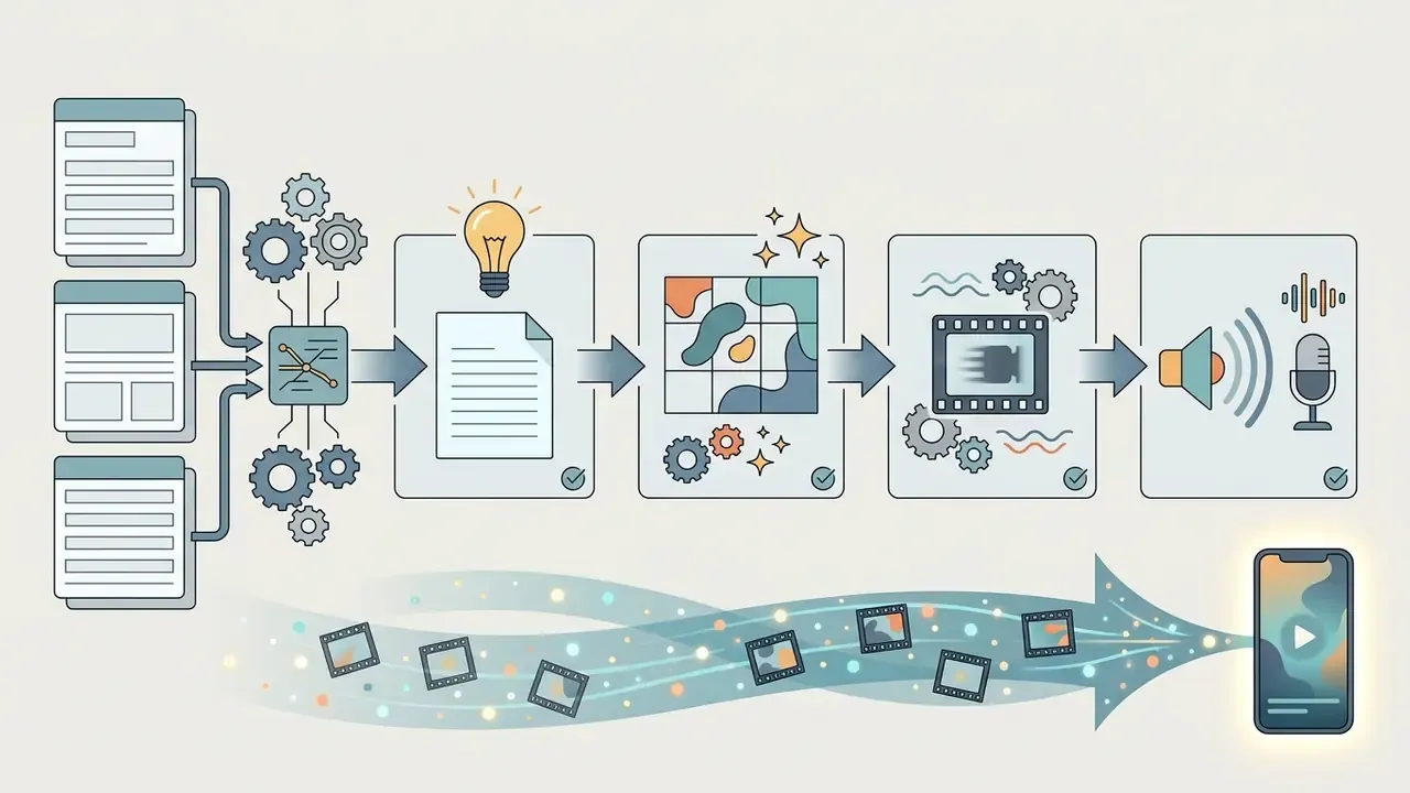 Sequential process showing data inputs feeding into model orchestration, content generation, and mobile export