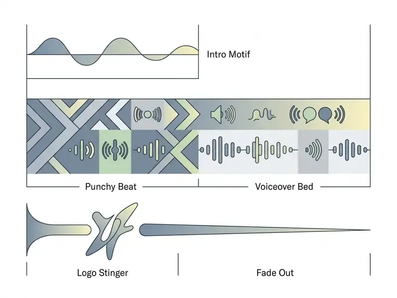 Timeline visualization showing the sequence of an intro motif, punchy beat, voiceover bed, and logo stinger