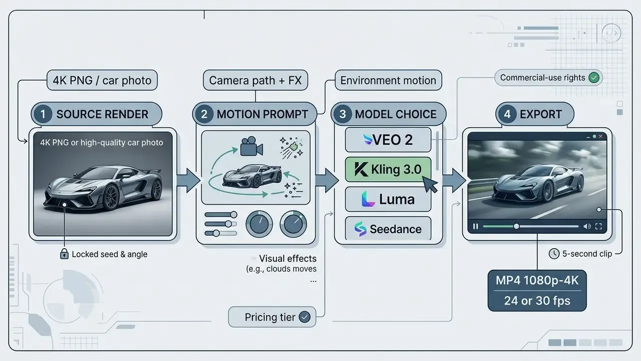 Four-step workflow diagram showing the process of converting a static car image into a 5-second video clip