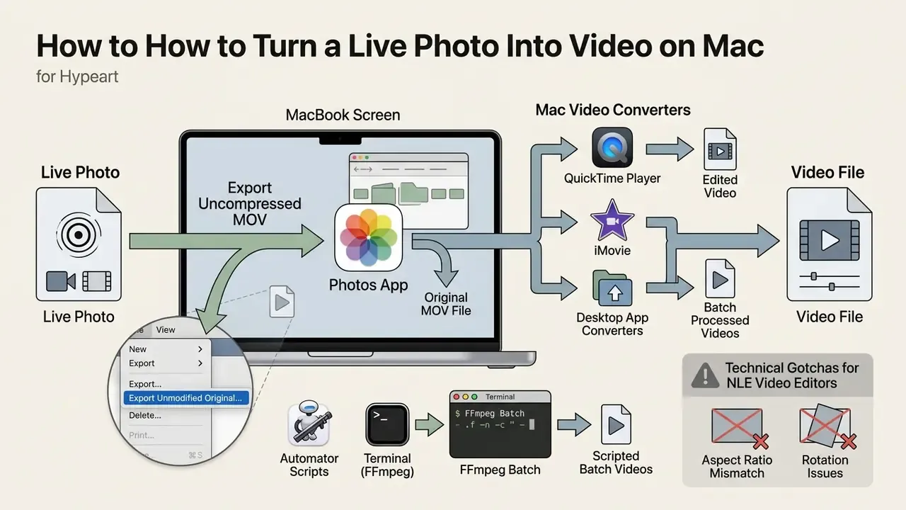 Diagram showing how to export Live Photos from the Photos app to various video editing tools on a Mac
