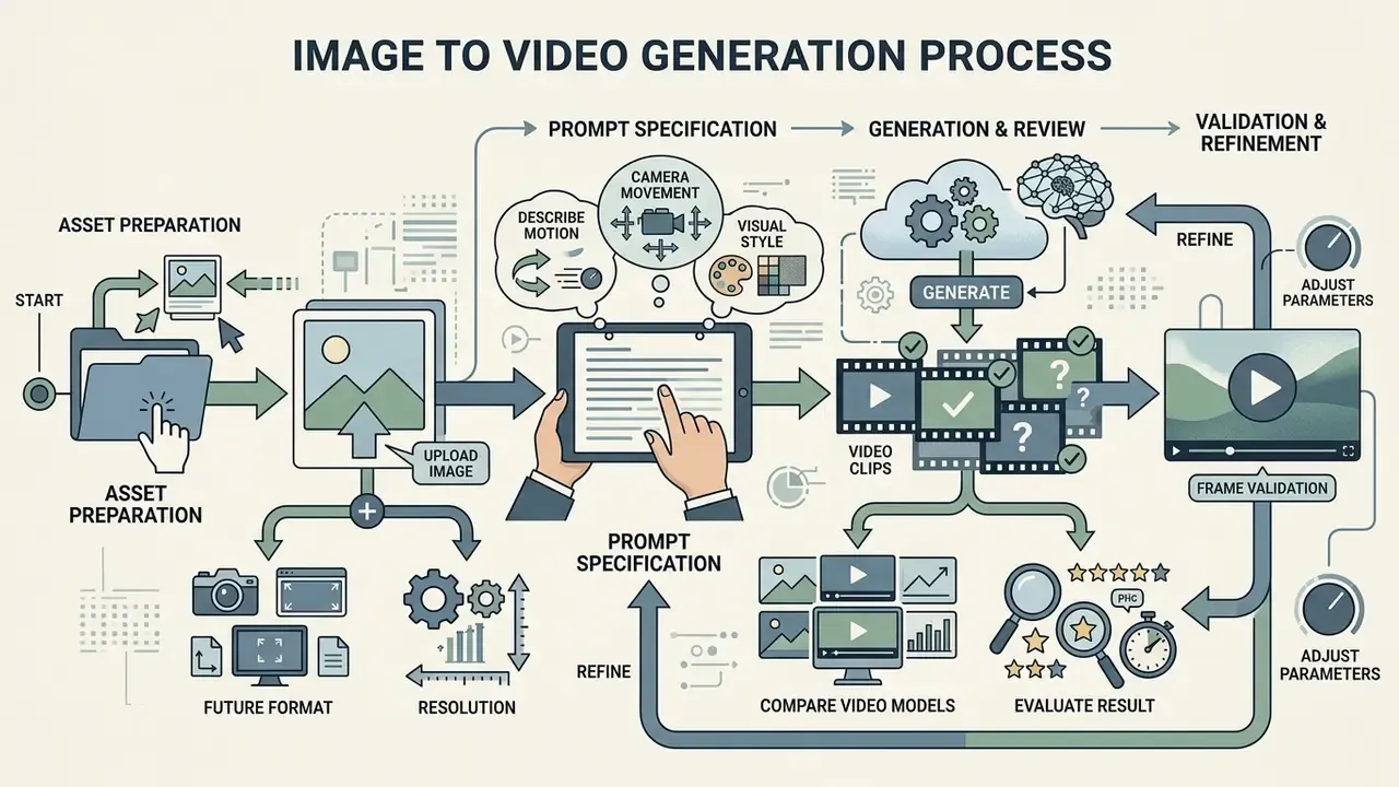 Infographic showing the sequence from uploading an image to refining generated video clips