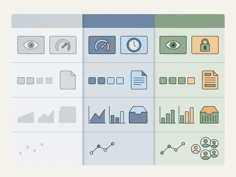 Comparison table showing feature tiers across three columns with icons for data, speed, and access levels