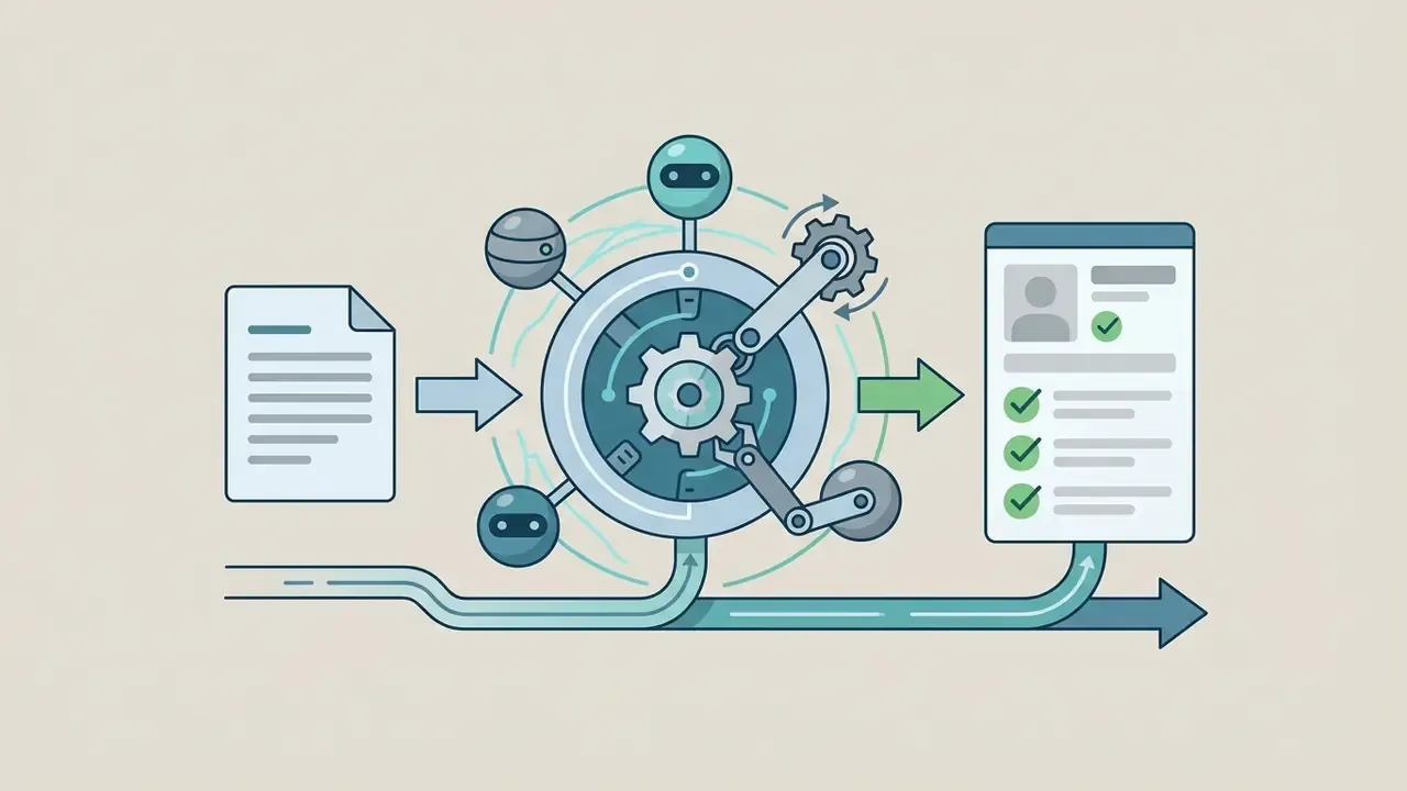 Paper form feeding into a central gear hub with robot icons that outputs to a verified user checklist